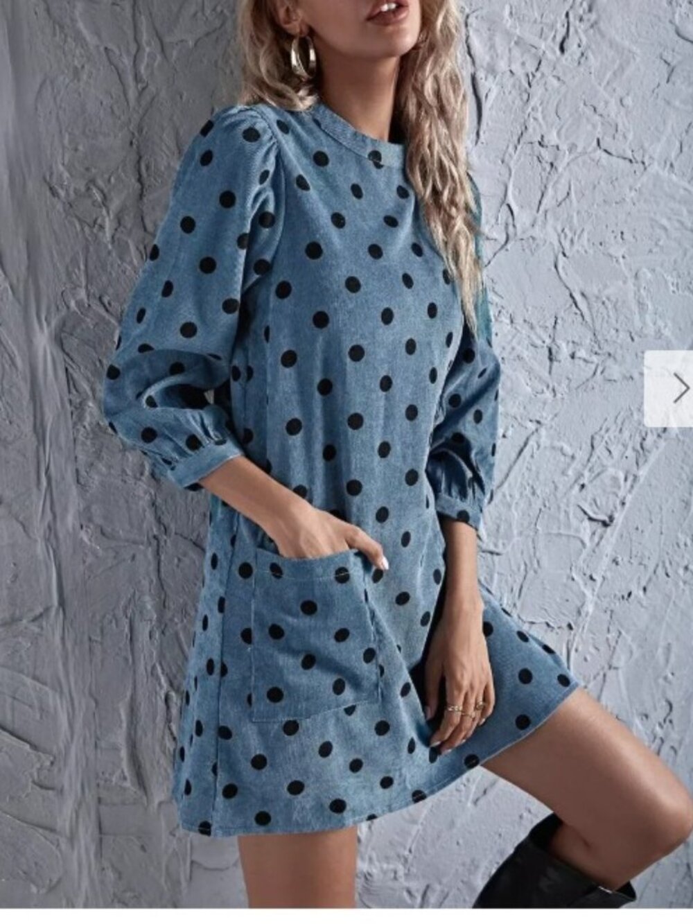 NWT Zara Blue and Black Polka Dot Shift Dress with Mock Neck and Puff Sleeves XS